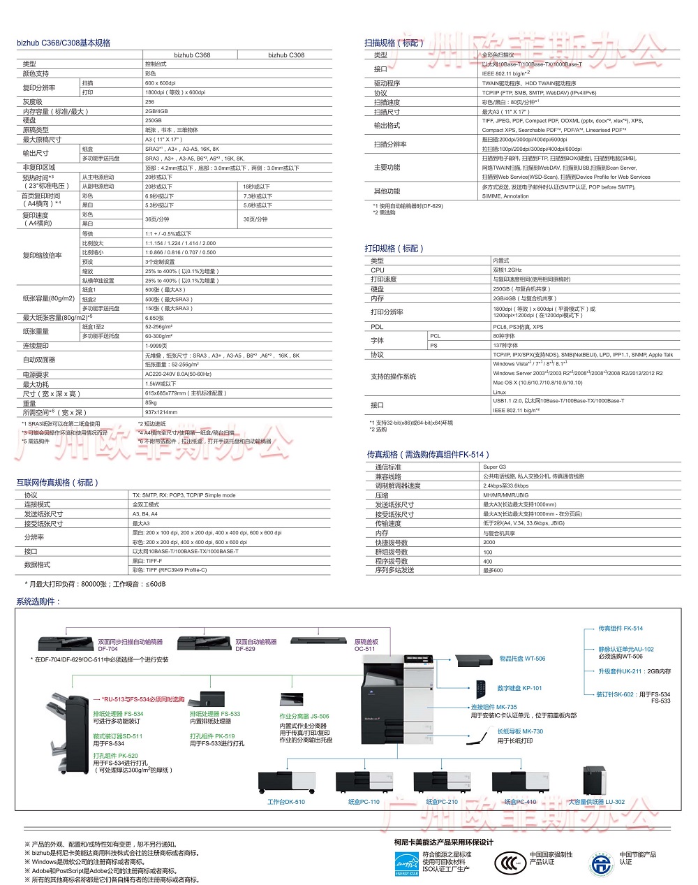 柯尼卡美能达bizhubC368基本规格，打印规格，扫描规格，复印规格，传真规格，柯美C368系统选购件，柯美C368复印机参数介绍，C368价格
